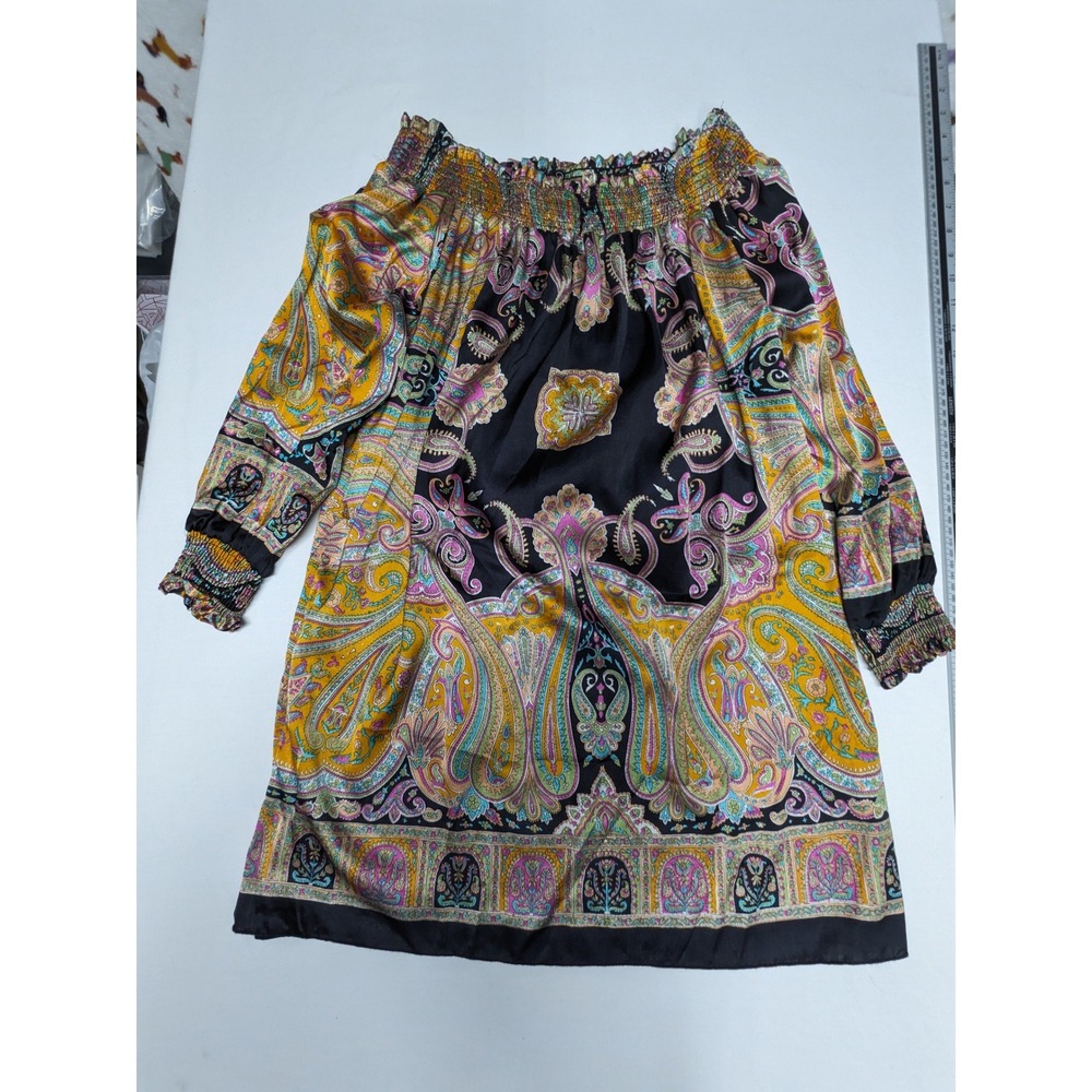 Classique Womens One Size‎ Paisley Off Shoulder Smocked Blouse Black Gold Multi